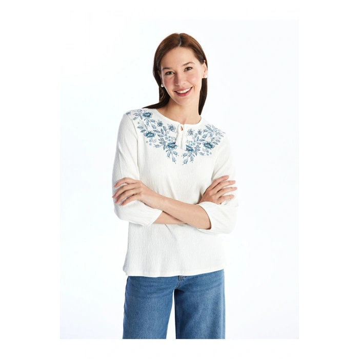 Bisiklet Yaka Çiçekli Uzun Kollu Kadın Bluz