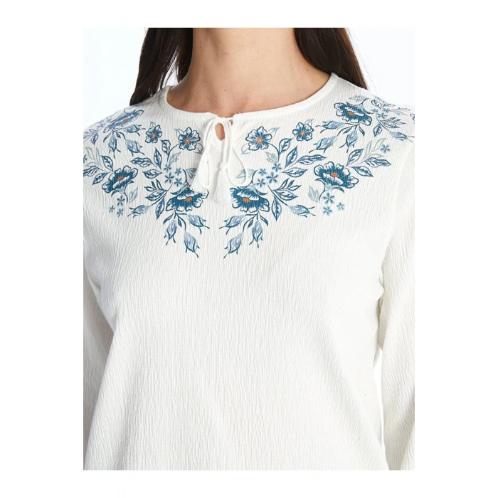 Bisiklet Yaka Çiçekli Uzun Kollu Kadın Bluz