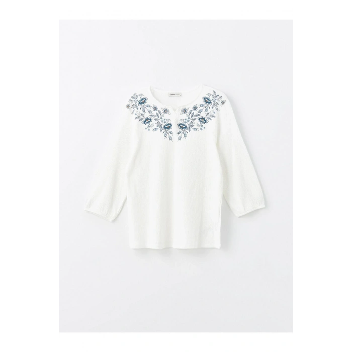 Bisiklet Yaka Çiçekli Uzun Kollu Kadın Bluz