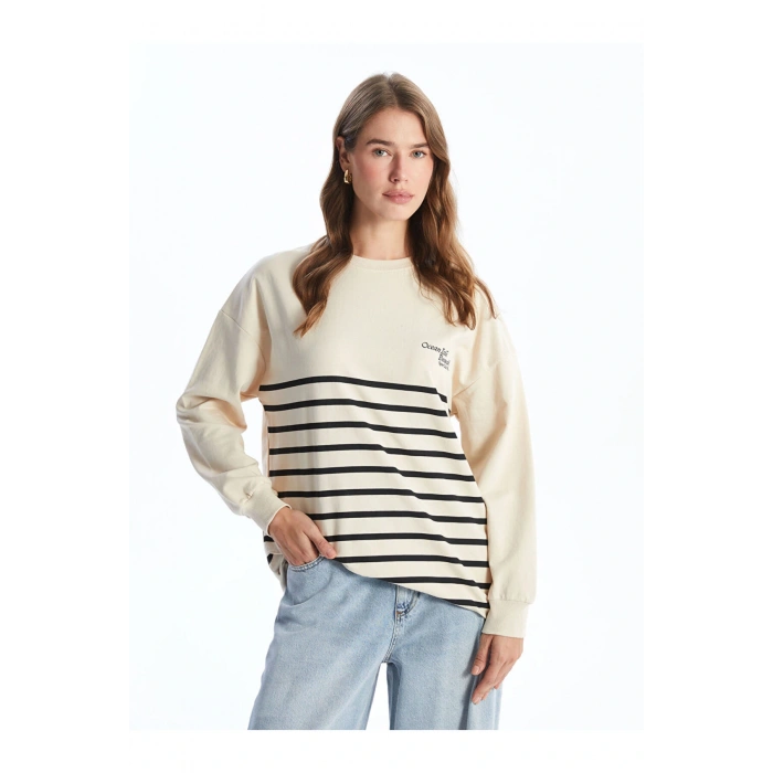 Bisiklet Yaka Çizgili Kadın Sweatshirt Tunik