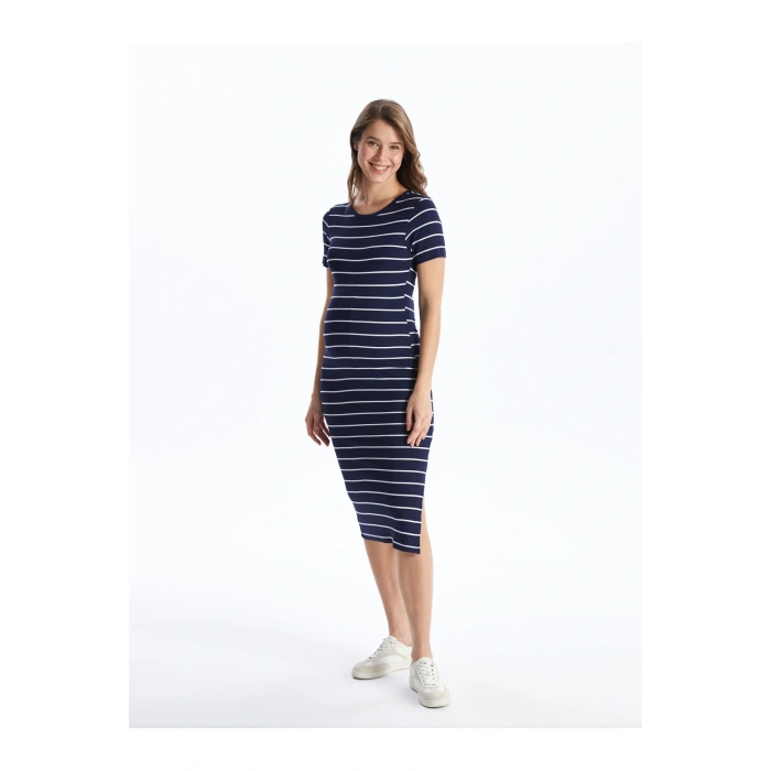 Bisiklet Yaka Çizgili Kısa Kollu Hamile Elbise