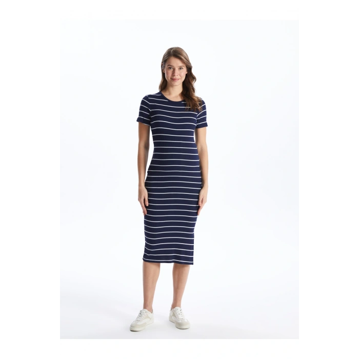 Bisiklet Yaka Çizgili Kısa Kollu Hamile Elbise
