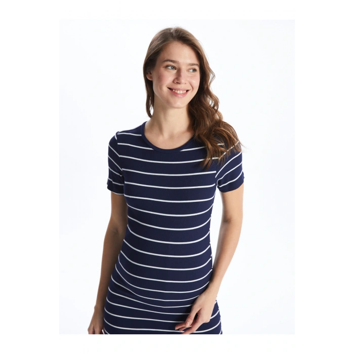 Bisiklet Yaka Çizgili Kısa Kollu Hamile Elbise