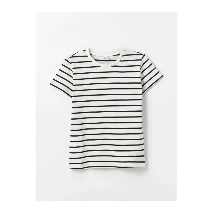Bisiklet Yaka Çizgili Kısa Kollu Kız Çocuk Tişört