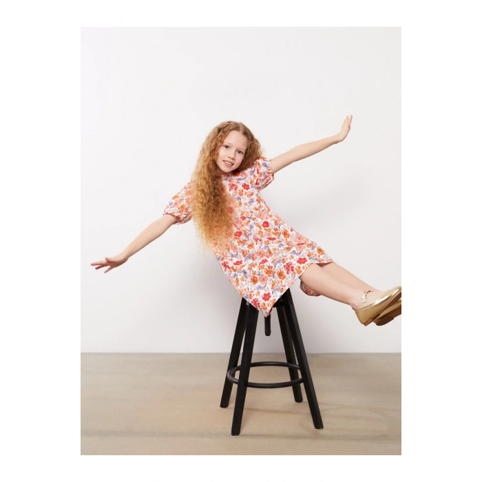 Bisiklet Yaka Desenli Kısa Kollu Kız Çocuk Elbise