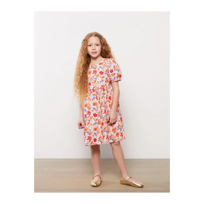Bisiklet Yaka Desenli Kısa Kollu Kız Çocuk Elbise