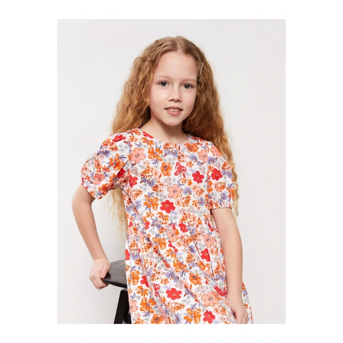 Bisiklet Yaka Desenli Kısa Kollu Kız Çocuk Elbise