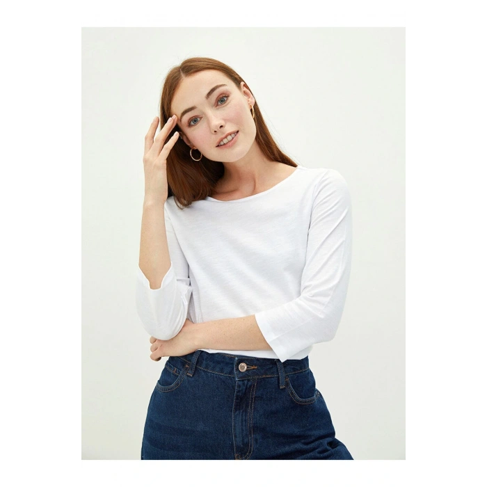 Bisiklet Yaka Düz Uzun Kollu Pamuklu Kadın Tişört