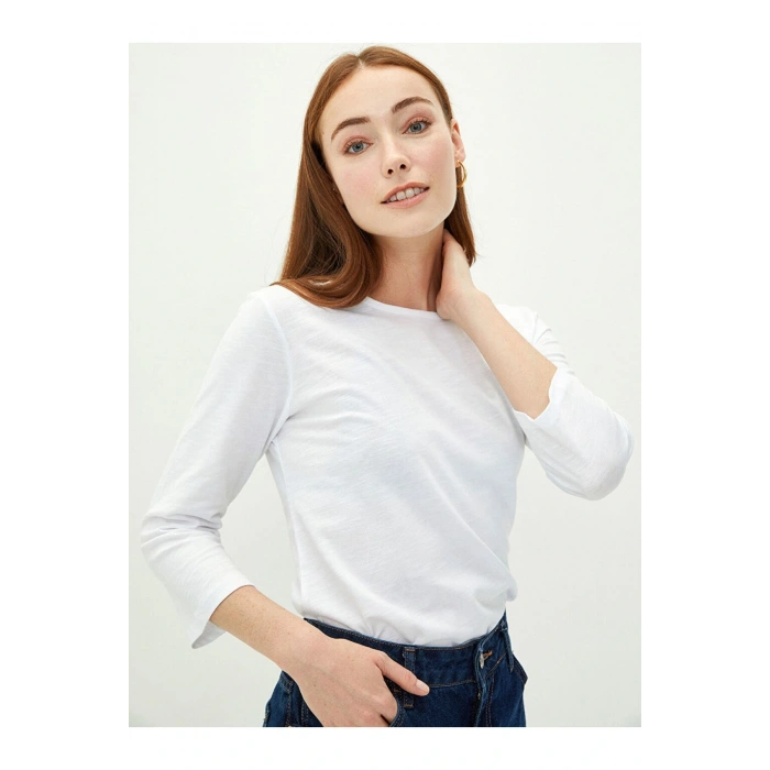 Bisiklet Yaka Düz Uzun Kollu Pamuklu Kadın Tişört