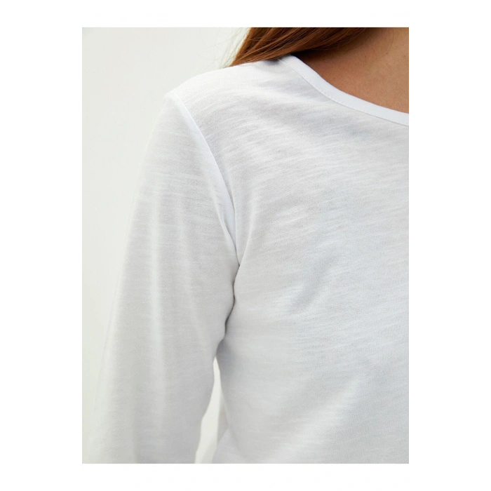 Bisiklet Yaka Düz Uzun Kollu Pamuklu Kadın Tişört