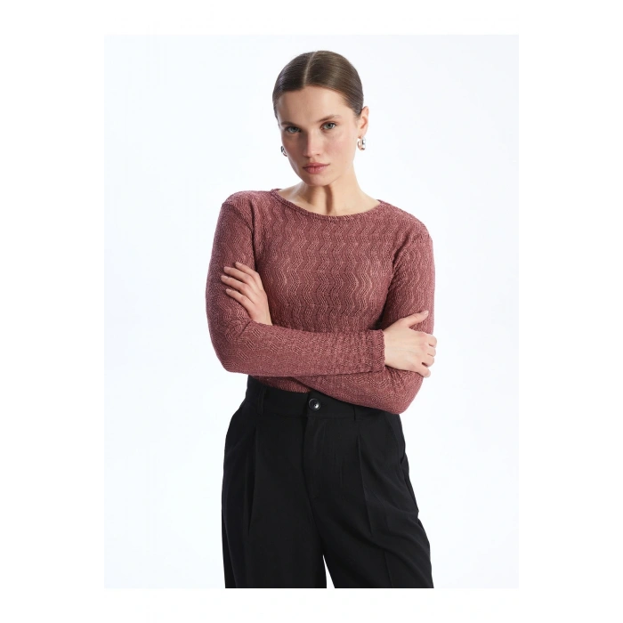 Bisiklet Yaka Kendinden Desenli Uzun Kollu Kadın Tişört