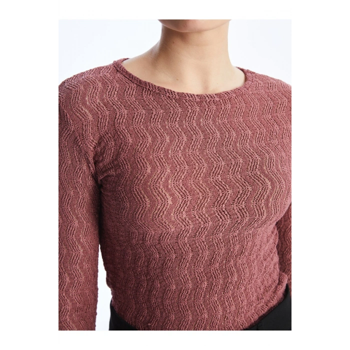 Bisiklet Yaka Kendinden Desenli Uzun Kollu Kadın Tişört