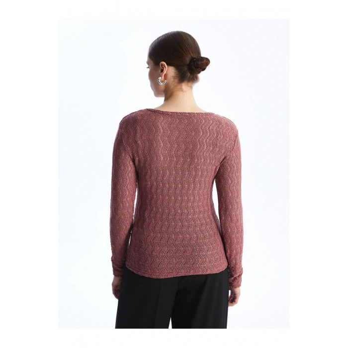 Bisiklet Yaka Kendinden Desenli Uzun Kollu Kadın Tişört