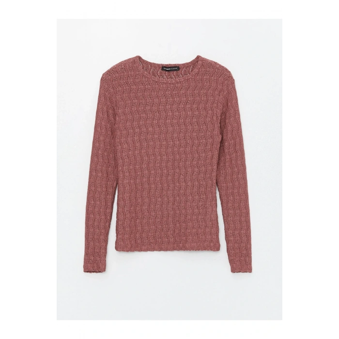 Bisiklet Yaka Kendinden Desenli Uzun Kollu Kadın Tişört