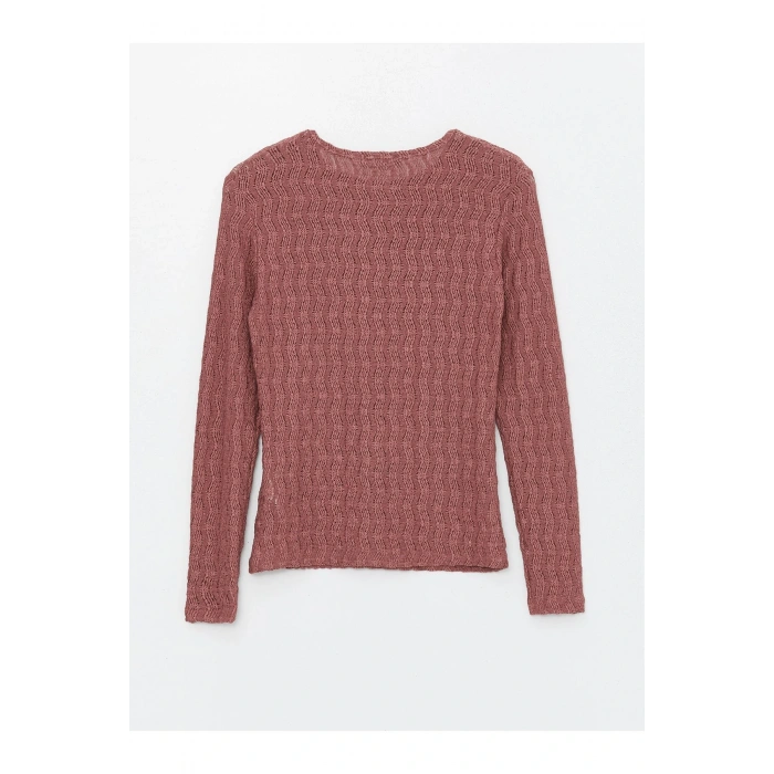 Bisiklet Yaka Kendinden Desenli Uzun Kollu Kadın Tişört