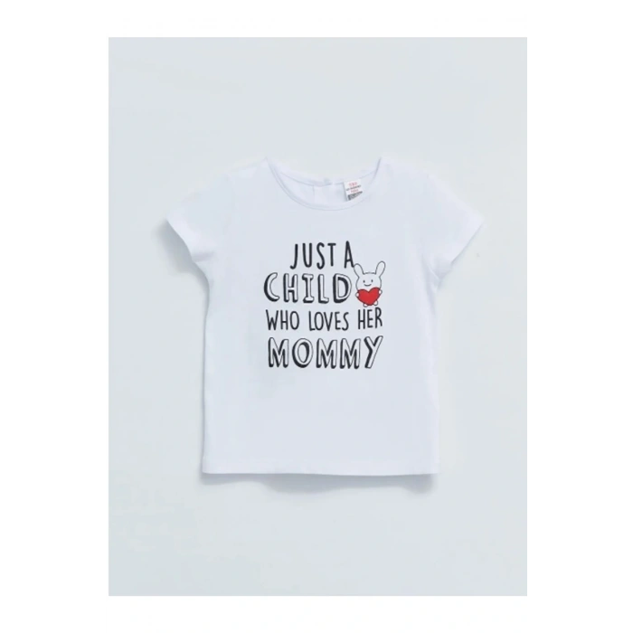 Bisiklet Yaka Kısa Kol Baskılı Pamuklu Kız Bebek Tişört