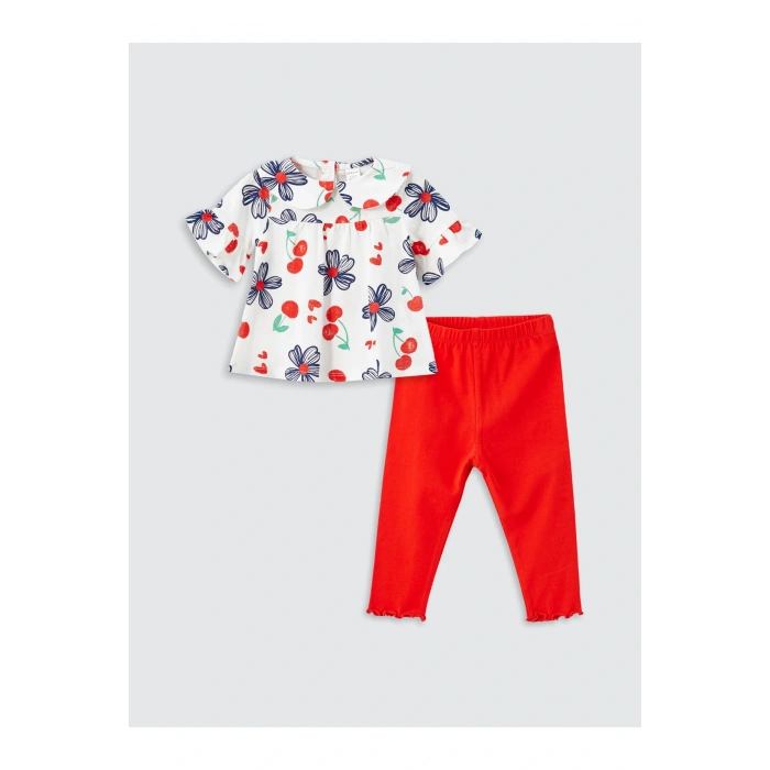 Bisiklet Yaka Kısa Kollu Baskılı Kız Bebek Bluz ve Tayt 2li Takım