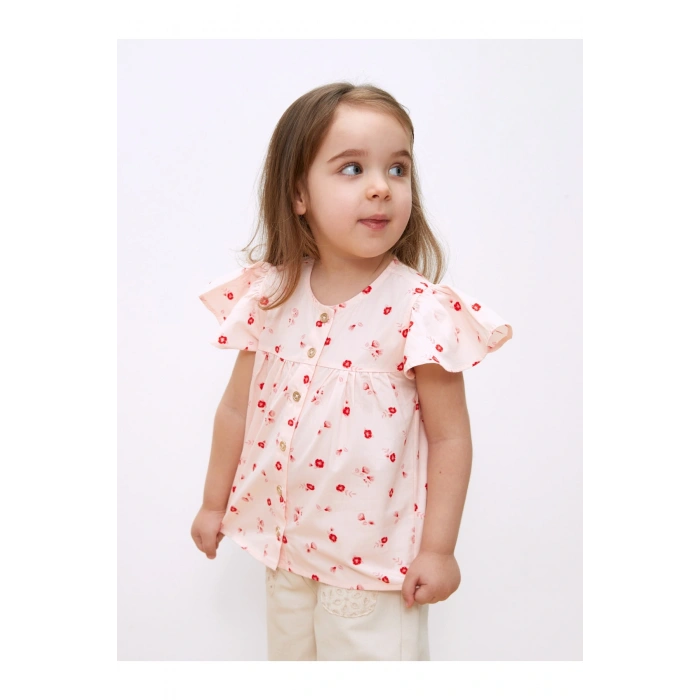 Bisiklet Yaka Kısa Kollu Baskılı Kız Bebek Gömlek