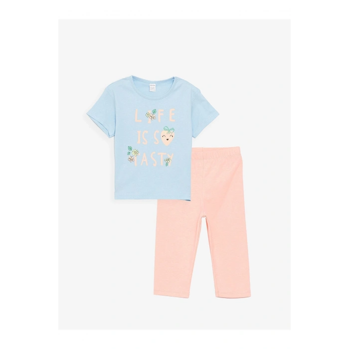 Bisiklet Yaka Kısa Kollu Baskılı Kız Bebek Tişört ve Tayt 2li Takım