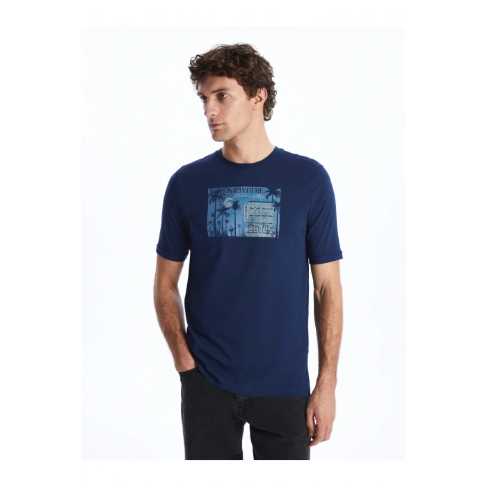 Bisiklet Yaka Kısa Kollu Baskılı Penye Erkek Tişört