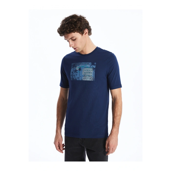 Bisiklet Yaka Kısa Kollu Baskılı Penye Erkek Tişört