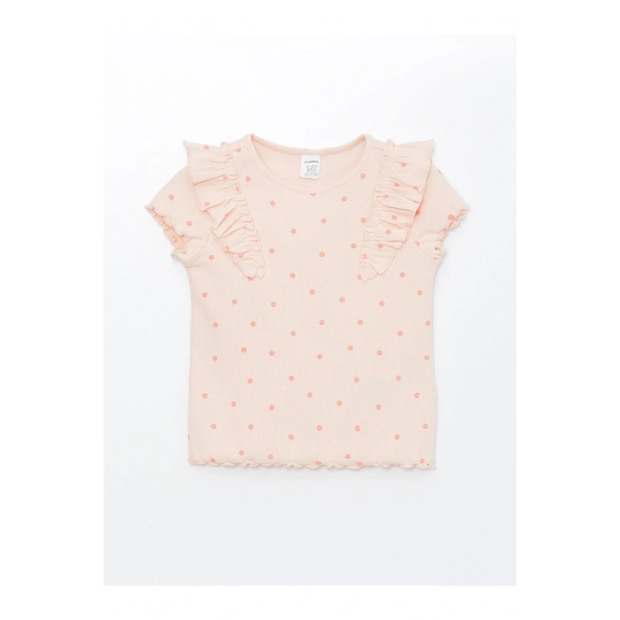 Bisiklet Yaka Kısa Kollu Çiçek Desenli Kız Bebek Tişört (S4)