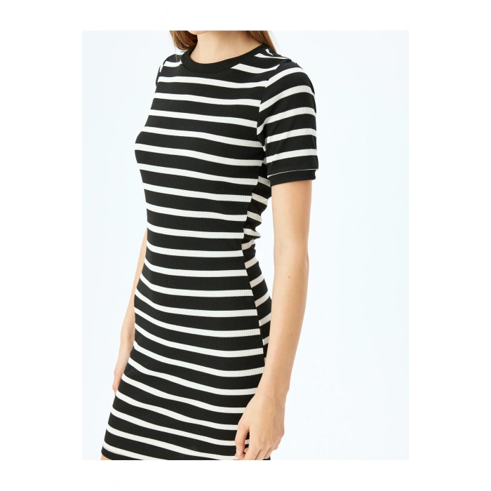 Bisiklet Yaka Kısa Kollu Fitilli Mini Bodycon Elbise
