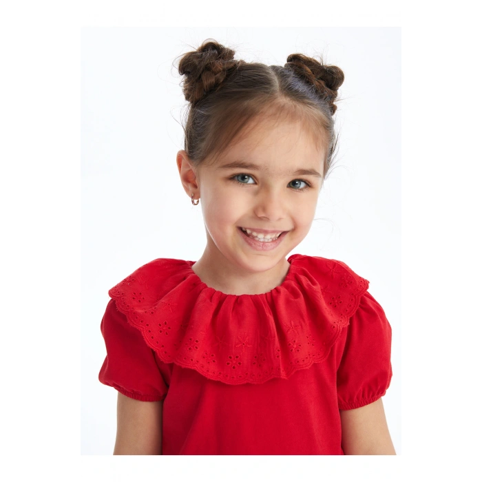 Bisiklet Yaka Kısa Kollu Nakış Detaylı Kız Bebek Tişört