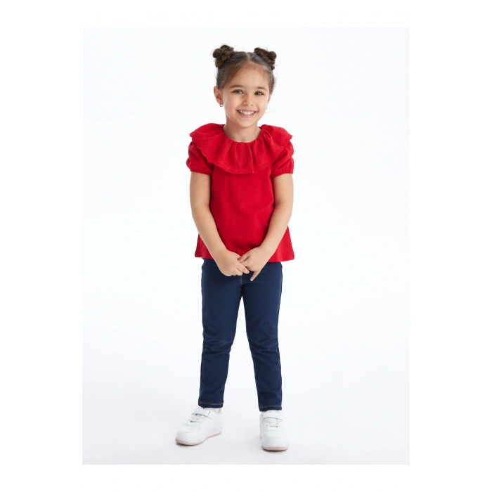 Bisiklet Yaka Kısa Kollu Nakış Detaylı Kız Bebek Tişört