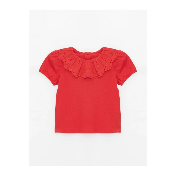 Bisiklet Yaka Kısa Kollu Nakış Detaylı Kız Bebek Tişört