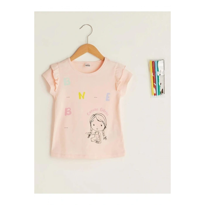 Bisiklet Yaka Kısa Kollu Pamuklu Kız Bebek Tişört ve Boya Kalemi