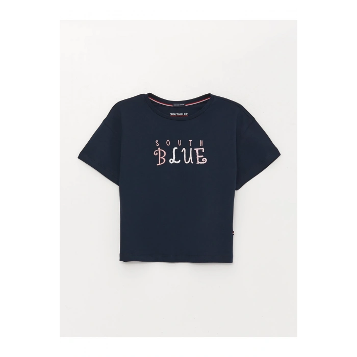 Bisiklet Yaka Nakışlı Kısa Kollu Kız Çocuk Tişört