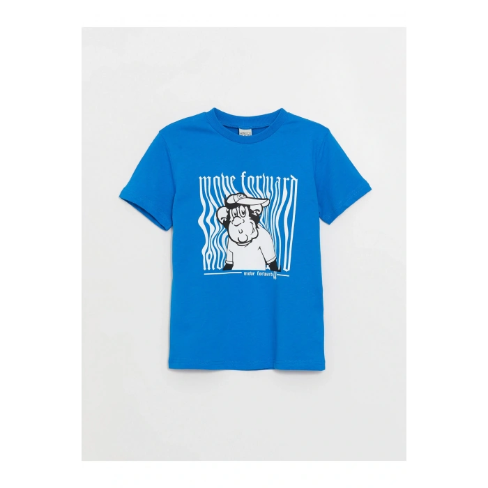 Bisiklet Yaka Nostaljik Maymun Baskılı Kısa Kollu Erkek Çocuk Tişört