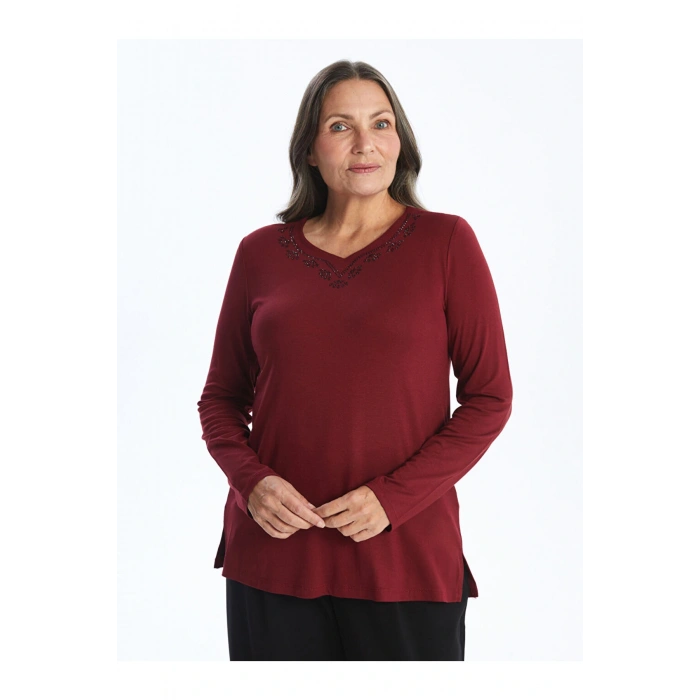 Bisiklet Yaka Parlak Taş Baskılı Kadın Bluz