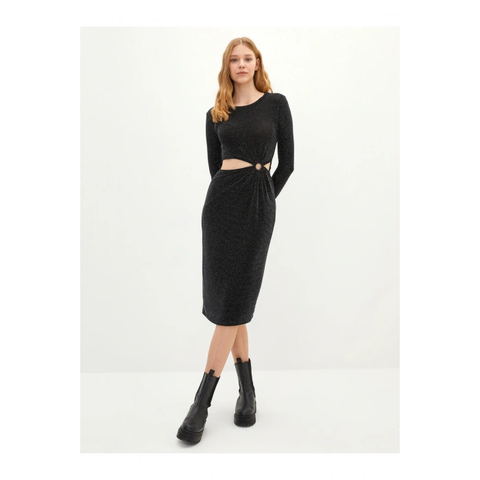 Bisiklet Yaka Pencere Detaylı Uzun Kollu Kadın Bodycon Elbise