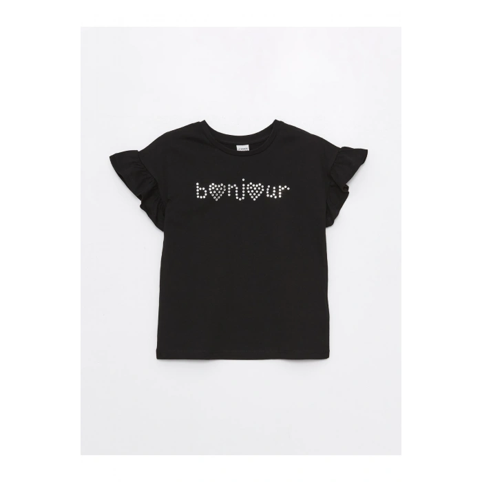 Bisiklet Yaka Taş Baskılı Kısa Kollu Kız Çocuk Tişört