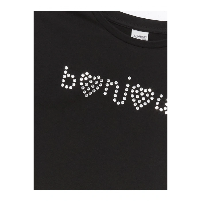 Bisiklet Yaka Taş Baskılı Kısa Kollu Kız Çocuk Tişört