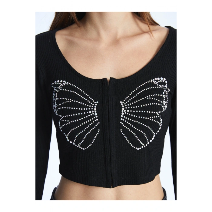 Bisiklet Yaka Taş Baskılı Uzun Kollu Kadın Hırka