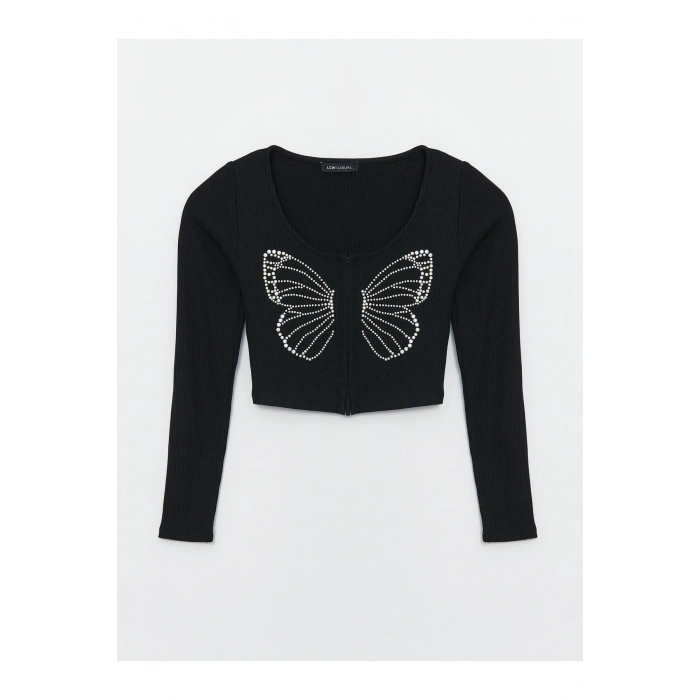 Bisiklet Yaka Taş Baskılı Uzun Kollu Kadın Hırka