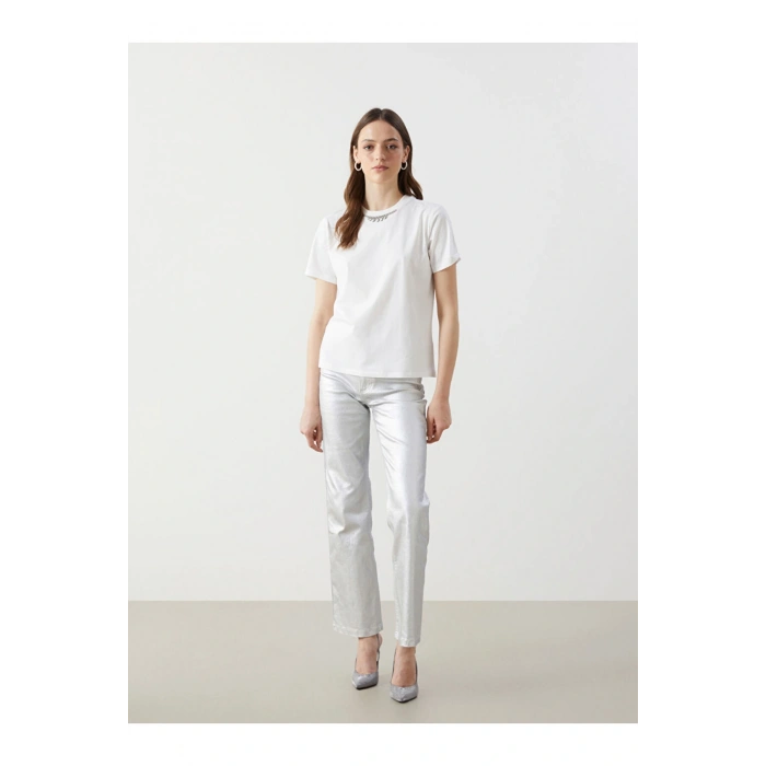 Bisiklet Yaka Tasli Kadin Tisort - S5KG61Z8