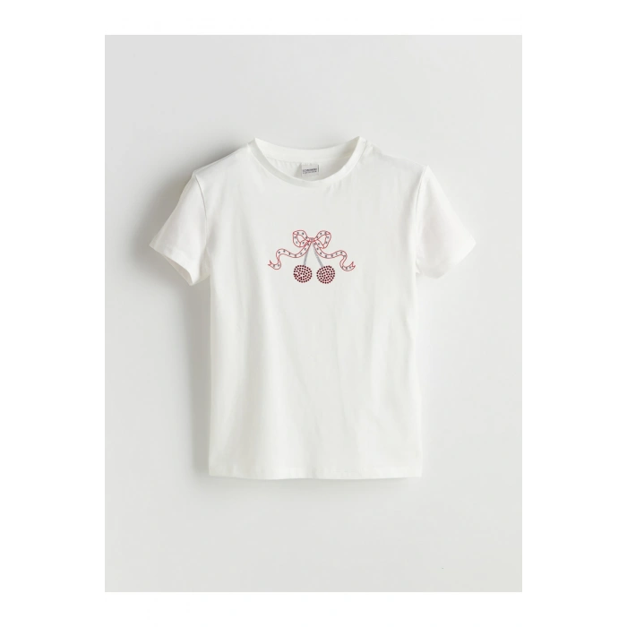 Bisiklet Yaka Taşlı Kız Çocuk Tişört