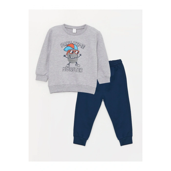 Bisiklet Yaka Uzun Kollu Erkek Bebek Sweatshirt ve Pantolon 2li Takım