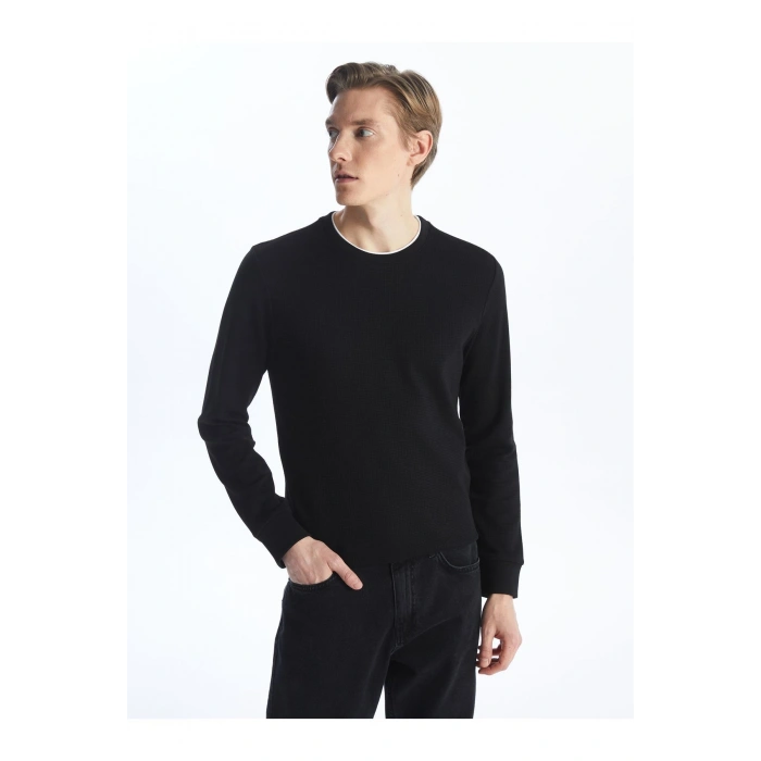 Bisiklet Yaka Uzun Kollu Erkek Dokulu Tişört