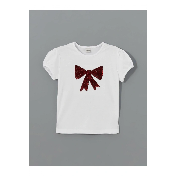 Buxe Beyazı LCW Kids Beyaz Bisiklet Yaka Çift Yönlü Payetli Kız Çocuk Tişört