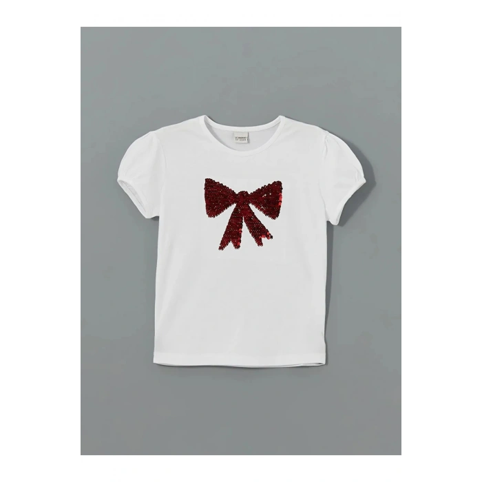 Buxe Beyazı LCW Kids Beyaz Bisiklet Yaka Çift Yönlü Payetli Kız Çocuk Tişört