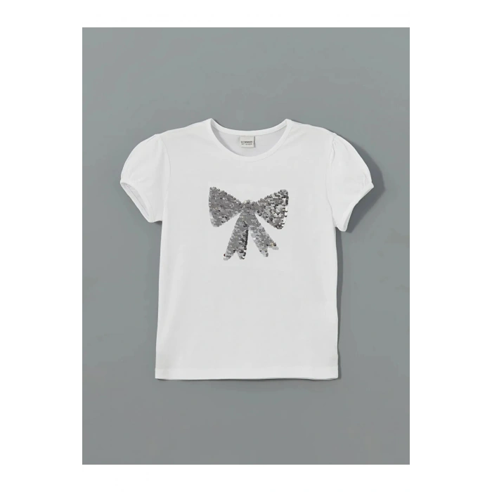 Buxe Beyazı LCW Kids Beyaz Bisiklet Yaka Çift Yönlü Payetli Kız Çocuk Tişört
