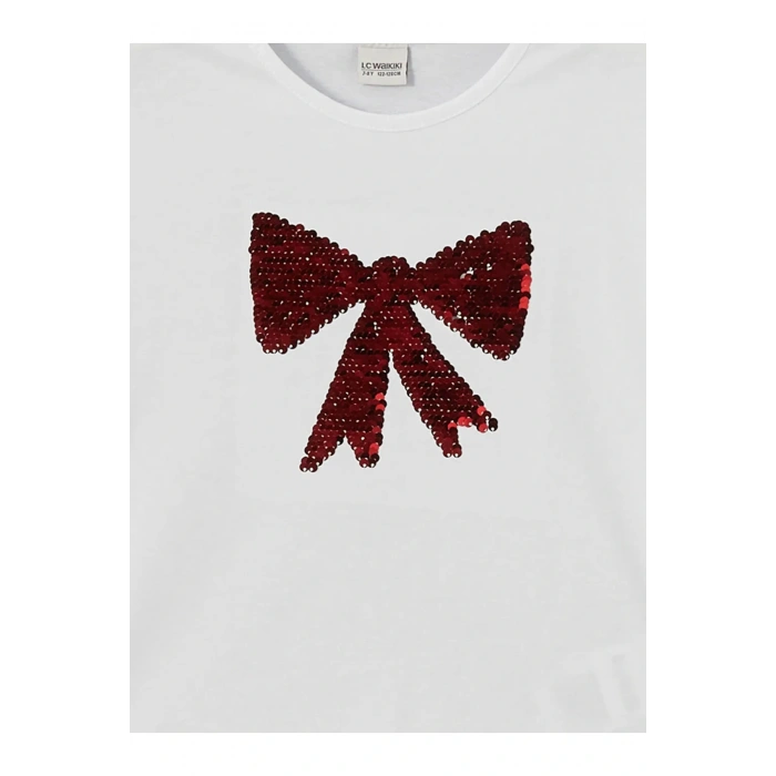 Buxe Beyazı LCW Kids Beyaz Bisiklet Yaka Çift Yönlü Payetli Kız Çocuk Tişört