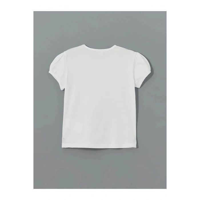 Buxe Beyazı LCW Kids Beyaz Bisiklet Yaka Çift Yönlü Payetli Kız Çocuk Tişört