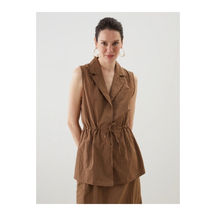 Ceket Yaka Keten Görünümlü Kadın Klasik Yelek