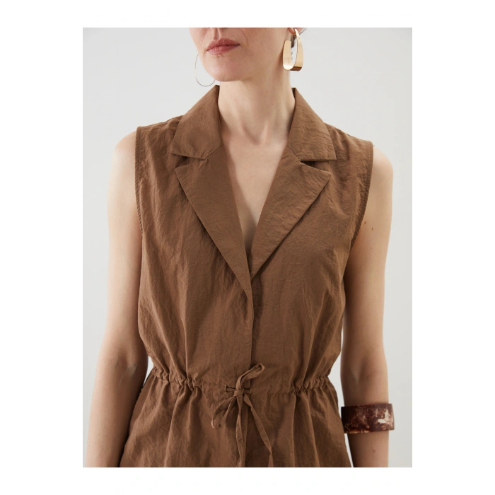 Ceket Yaka Keten Görünümlü Kadın Klasik Yelek